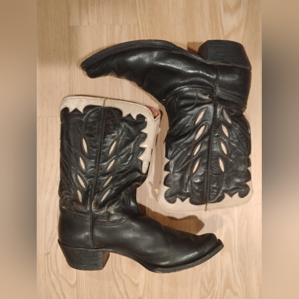 TRUE VINTAGE 1950s SEARS GOLD BOND BLACK WHITE INLAY WESTERN COWBOY BOOTS SZ 9.5